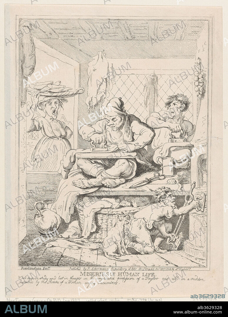 Miseries of Human Life: While Deep in Study and Lost in Thought in the Complicated Profession of a Taylor and All on a Sudden Disturbed by the Shrieks of a Woman Crying Cucumbers. Artist: Nicolaus Heideloff (British, 1761-1837); After Thomas Rowlandson (British, London 1757-1827 London). Dimensions: Sheet: 12 5/8 × 9 1/8 in. (32 × 23.2 cm). Publisher: Rudolph Ackermann, London (active 1794-1829). Series/Portfolio: Miseries of Human Life. Date: October 1807.