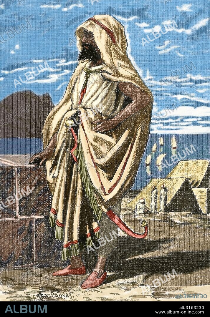 TARIQ IBN ZIYAD (670 ó 679-m. Damasco, 722). Caudillo musulmán, perteneciente a los bereberes Nafza, enviado a la Península Ibérica por Muza, junto a siete mil guerreros. Derrotó a Don Rodrigo en la Batalla de Guadalete (19 de julio del 711). Conquistó Córdoba y Toledo. Grabado coloreado.