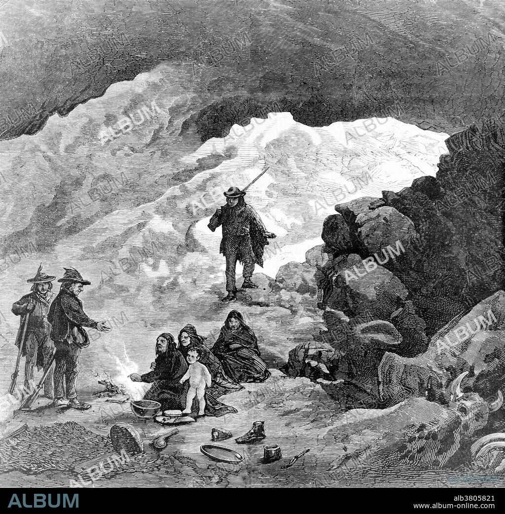 Entitled: "The Modoc war. Captain Jack's cave in the lava beds." The Modoc War was an armed conflict between the Modoc tribe and the US Army, 1872-73. Captain Jack led 52 warriors and a band of more than 150 Modoc people who left the Klamath Reservation. Occupying defensive positions throughout the lava beds south of Tule Lake, for months those few warriors waged a guerrilla war against US Army forces sent against them and reinforced with artillery. In April 1873, Captain Jack and others killed General Edward Canby and wounded others. After more warfare with reinforcements of US forces, some Modoc warriors surrendered, and Captain Jack and the last of his band were captured. Jack and five warriors were tried for the murder; Jack and three warriors were executed and two others sentenced for life imprisonment. The remaining 153 Modoc of the band were sent to Indian Territory, where they were held as prisoners of war until 1909. Frank Leslie's Illustrated Newspaper, June 28, 1872.