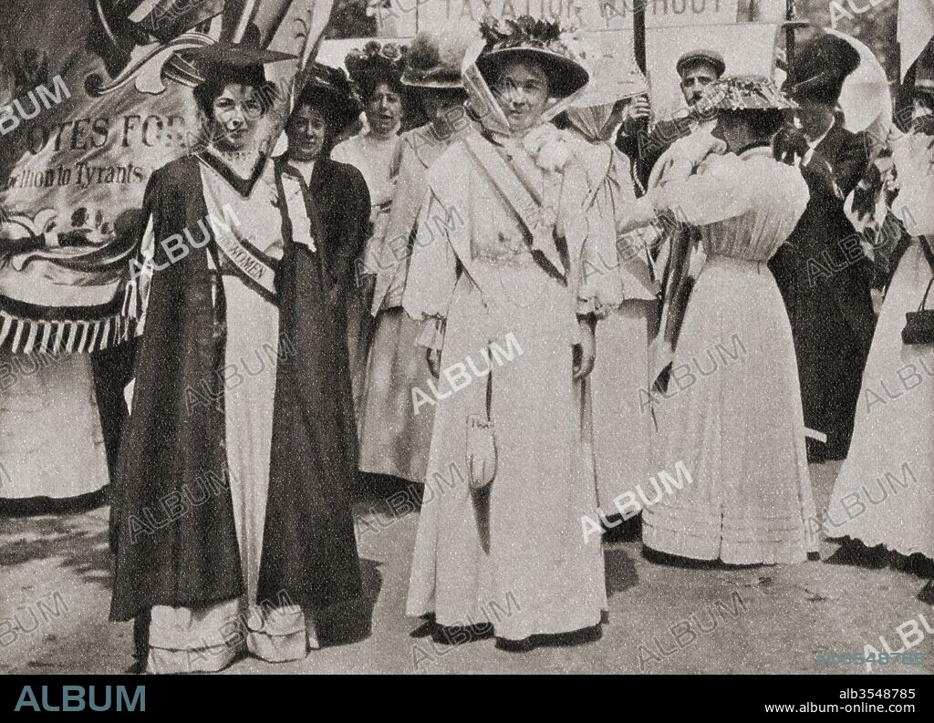 Lady Emmeline Pethick-Lawrence, 1867 – 1954, left. British women's rights activist. Emmeline Pankhurst, née Goulden, 1858 – 1928, right. British political activist and leader of the British suffragette movement. From The Pageant of the Century, published 1934.