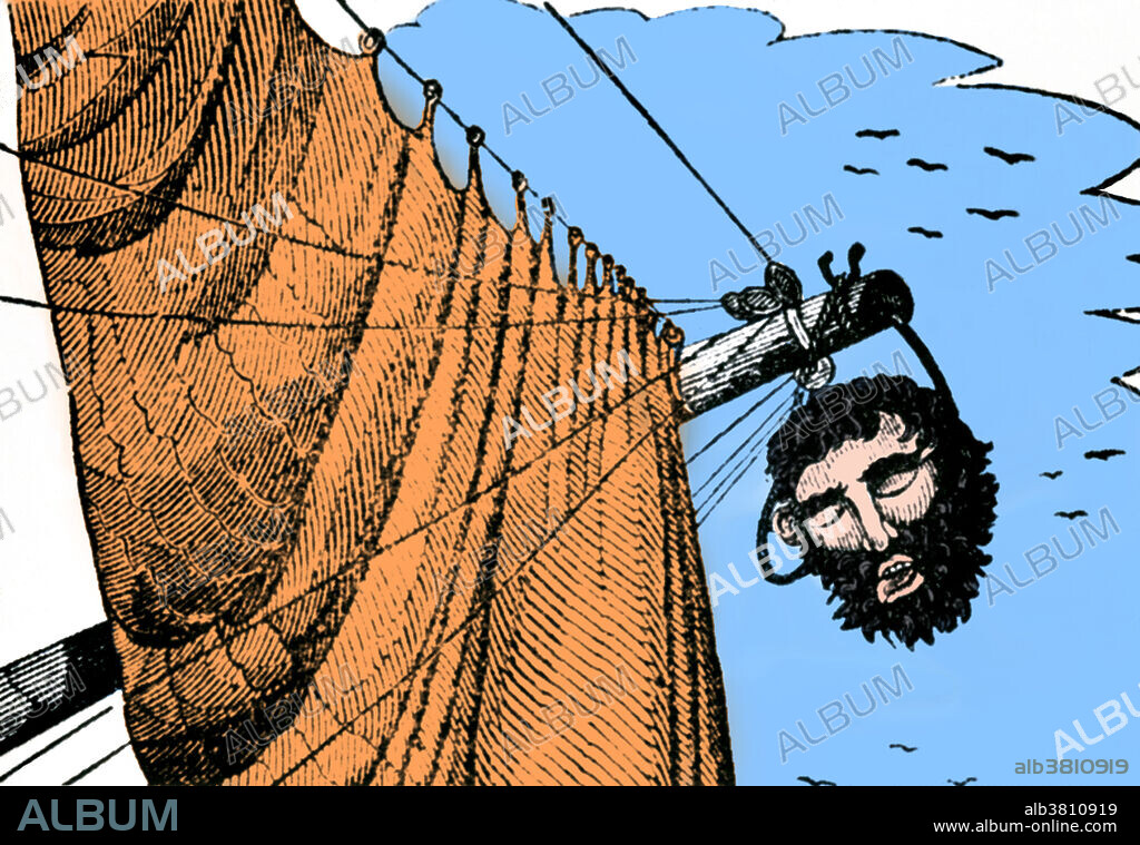 Colored engraving of Blackbeard's severed head from The Pirates Own Book, 1837. Edward Teach (1680-1718), better known as Blackbeard, was a notorious English pirate who operated around the West Indies and the eastern coast of the American colonies. He was a sailor on privateer ships during Queen Anne's War. By war's end, he had become an experienced sea robber and decided to join a group of Caribbean pirates. His nickname came from his thick black beard and fearsome appearance. There is no known account of his ever having harmed or murdered those he held captive. Blackbeard and several of his crew were killed on November 22, 1718 by a group of sailors sent by the governor of Virginia to capture him. He had been shot five times and cut about twenty. His corpse was thrown into the inlet while his head was suspended from the bowsprit of the sailors sloop. Blackbeard's flag depicted a skeleton spearing a heart, while toasting the devil.