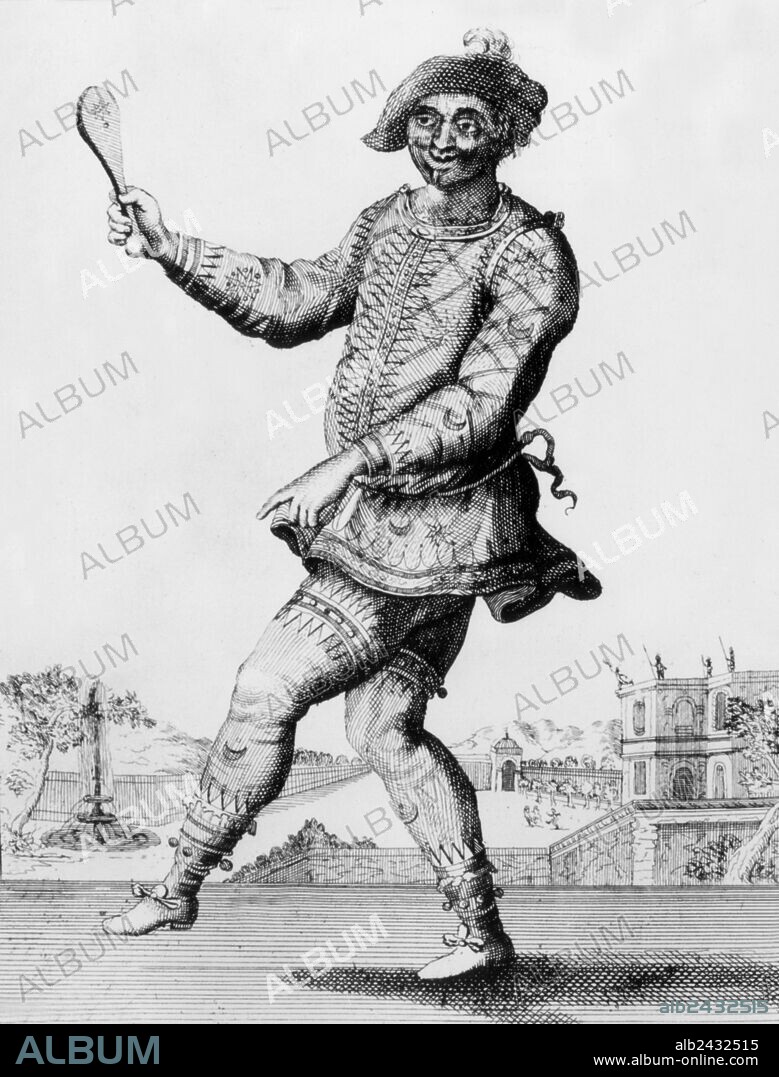 Commedia dell'arte character : Arlequin, engraving, 17th century.