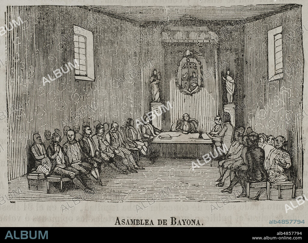 Asamblea de Bayona. Reunión convocada por Napoleón, en la ciudad francesa de Bayona, el 15 de junio de 1808. Tras la abdicación de Fernando VII y Carlos IV, y cedido el trono de España a su hermano José Bonaparte, la Asamblea dictaminó el anteproyecto de constitución que, tras convertirse en ley, juró José Bonaparte el 7 de julio de 1808, el mismo día de la clausura. Grabado. Historia del Levantamiento, Guerra y Revolución de España, por el conde de Toreno. Madrid,1852.