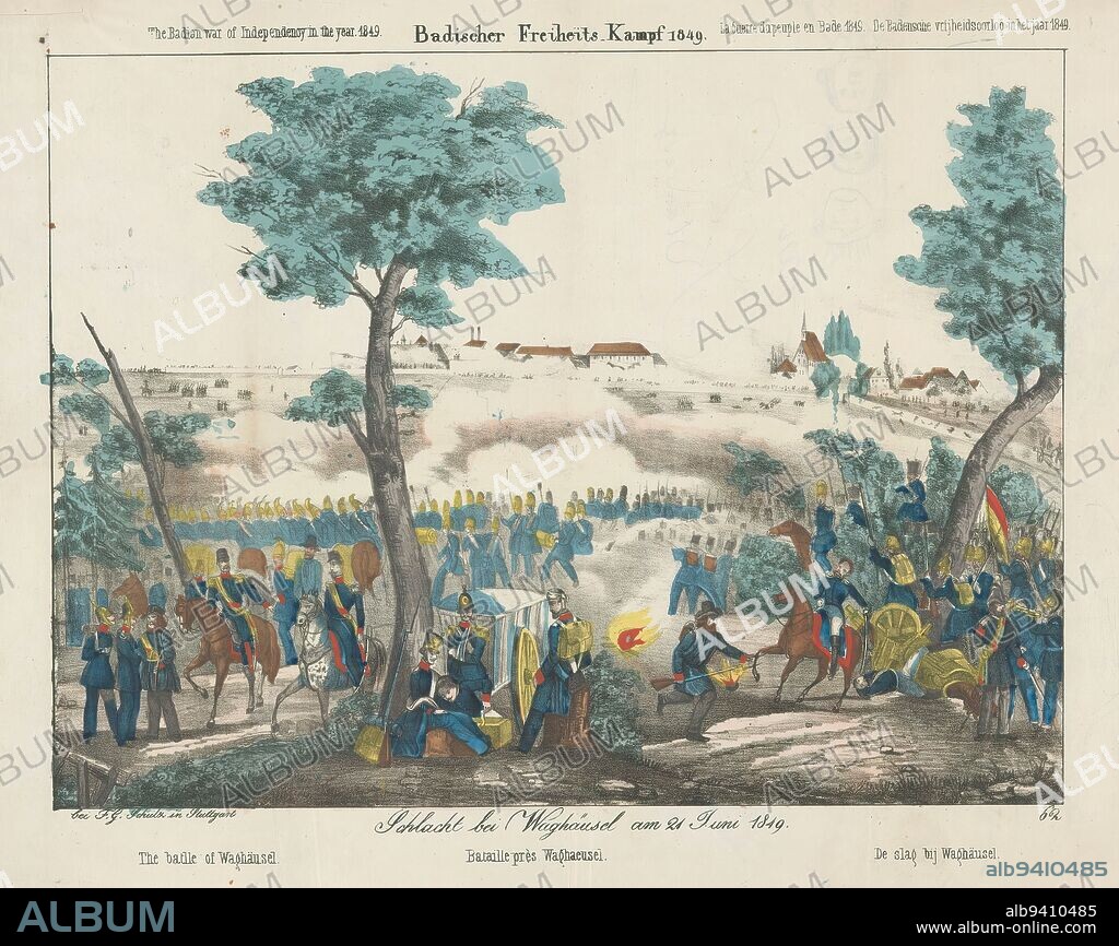 The battle of Waghäusel, 1849, Schlacht bei Waghäusel am 21 Juni 1849 / The battle of Waghäusel / Bataille près Waghäusel / The battle of Waghäusel (title on object), Badischer Freiheits-Kampf 1849 (...) The Baden War of Freedom in the year 1849 (series title on object), The battle of Waghäusel in the Grand Duchy of Baden on 21 June 1849. Part of the Baden Revolution 1848-1849 against the Grand Duke Leopold. Troops of Prussian King Wilhelm I come to the rescue to defeat the insurgents. Numbered at lower right: 62. On reverse, pencil sketches of mad heads., print maker: anonymous, publisher: Friedrich Gustav Schulz, (mentioned on object), print maker: Germany, publisher: Stuttgart, 1849 - 1850, paper, height 335 mm × width 421 mm.