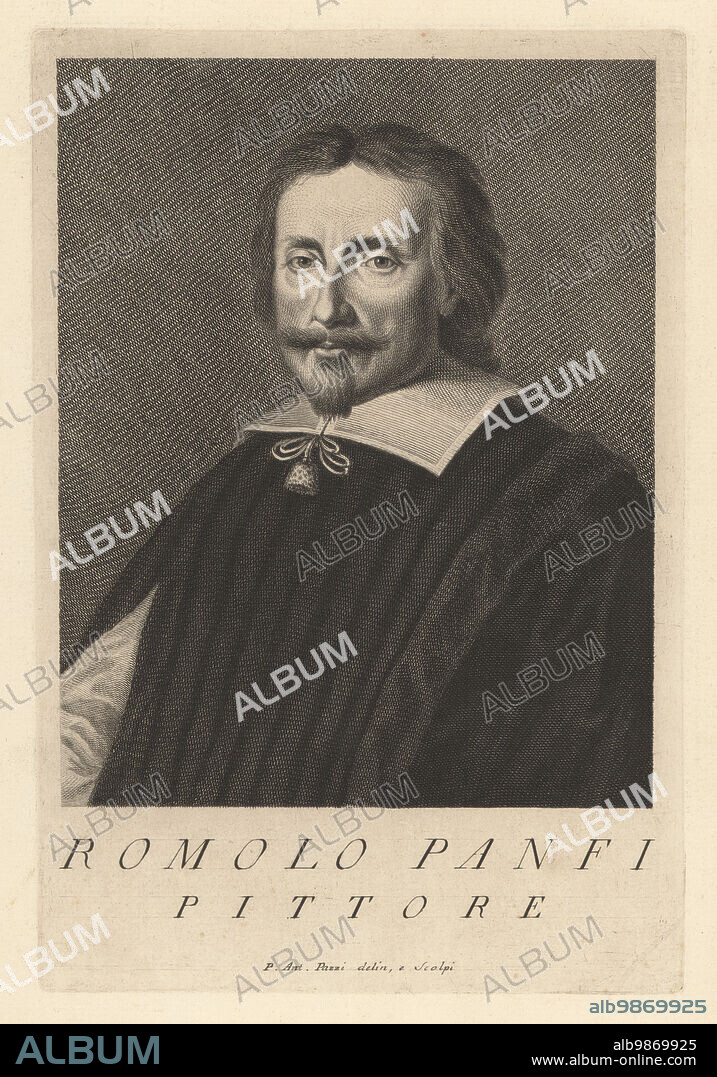 Romolo Panfi, Italian painter, active in Tuscany, mainly of battle scenes and landscapes, 1632-1690. Pittore. Copperplate engraving drawn and engraved by Pietro Antonio Pazzi after a self portrait by the artist from Francesco Moucke's Museo Florentino (Museum Florentinum), Serie di Ritratti de Pittori (Series of Portraits of Painters) stamperia Mouckiana, Florence, 1752-62.