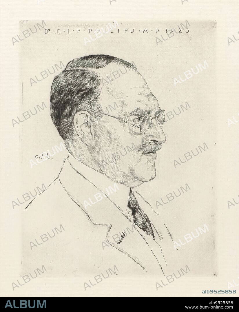Portrait of Gerard Philips., print maker: Emil Orlik, (mentioned on object), 1923, paper, drypoint, height 268 mm × width 204 mm.