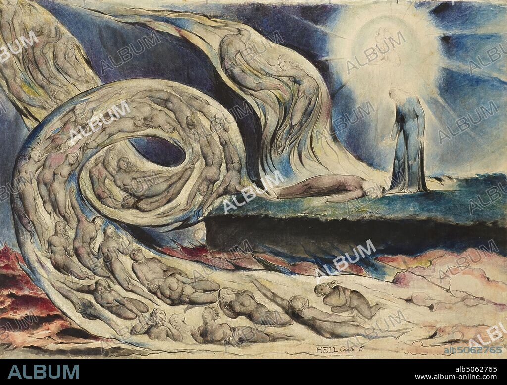 The Circle of the Lustful, 1824-27 William Blake, This is the most celebrated of William Blake's illustrations to Dante's 'Divine Comedy' commissioned by John Linnell. Blake followed Dante's narrative, but his interpretation of the story is original. This scene illustrates the scene in the Inferno, the journey through Hell, when Dante and Virgil meet the adulterous lovers Francesca da Rimini and Paolo., Watercolour, Dante, The Divine Comedy, Literature.