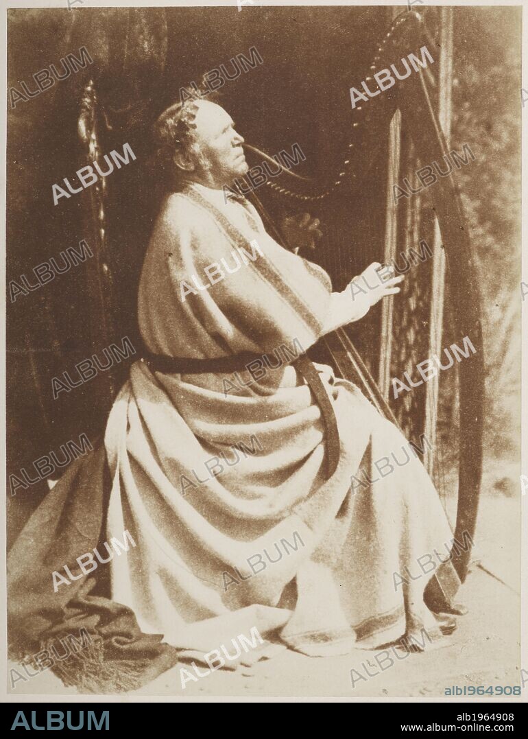 Byrne â€” The Irish Harper. Full-length portrait, in right profile, of the blind Irish harpist Patrick Byrne, seated playing the harp. . One Hundred Calotype Sketches. Edinburgh, 1848. From a volume of calotype images and portraits. Early photographic technique also called Talbotype. Dating from 1849. David Octavius Hill and Robert Adamson. Source: C.128.k.10 48.