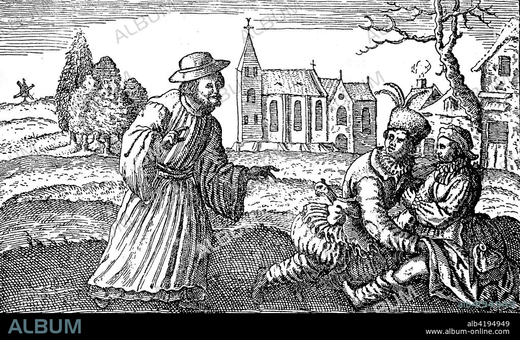 Man has his hands under the skirt of a woman and are seen by a father, erotic illustration, publication from the year 1882.