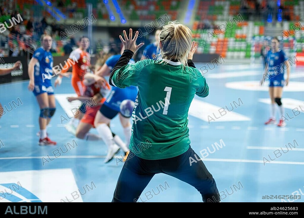 Woman handball goalkeeper during the game. Lubin, Poland