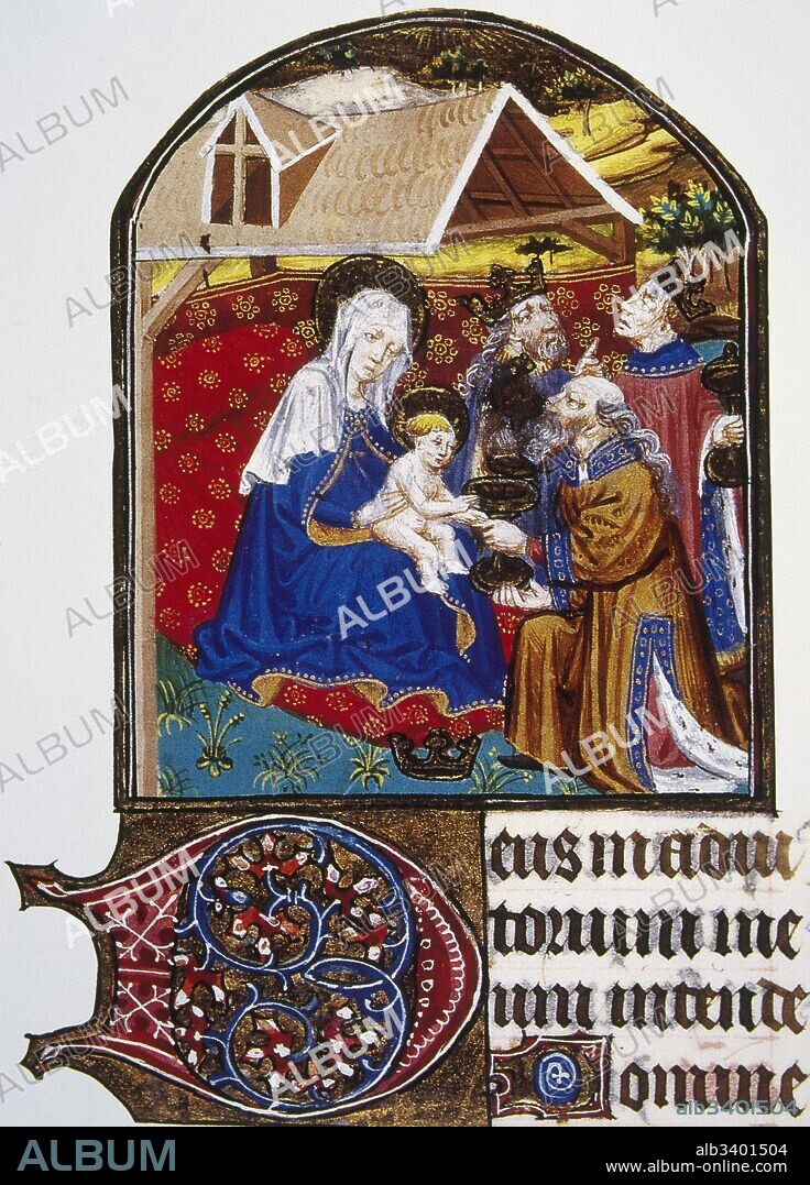 Edad Media. Estilo gótico. Epifanía o La adoración de los Reyes Magos (Gaspar, Melchor y Baltasar). Miniatura del siglo XV. Museo Condé. Castillo de Chantilly. Francia.