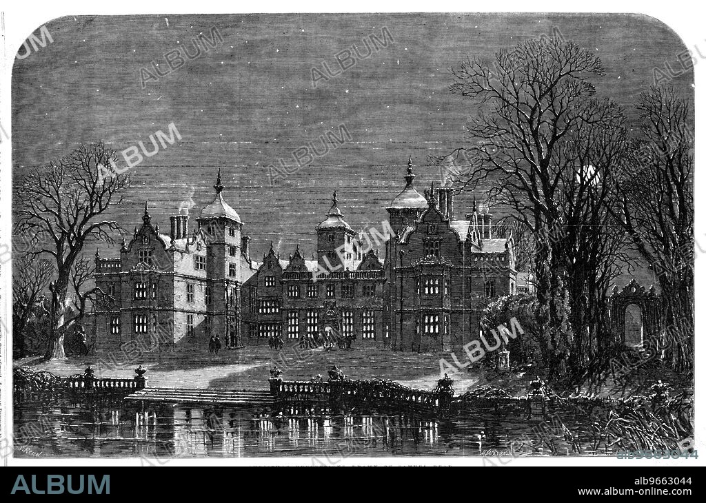 M. JACKSON. Christmas Reflections - drawn by Samuel Read, 1857. Aston Hall is a Grade I listed Jacobean house in Aston, Birmingham, designed by John Thorpe and built between 1618 and 1635. In 1864, the house was bought by Birmingham Corporation, the first historic country house to pass into municipal ownership. It later became a museum. From "Illustrated London News", 1857.