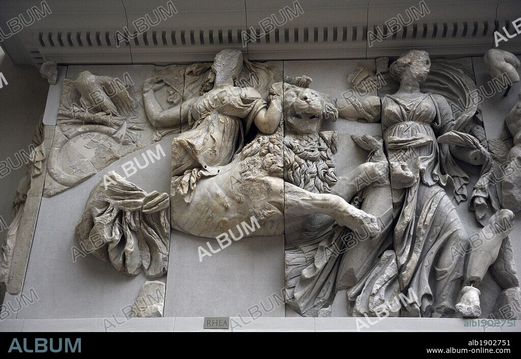 Pergamon Altar. Built by order of Eumenes II Soter. 164-156 BC. Marble and limestone. Gigantomachy. South frieze. Goddess Rhea or Cybele riding on a lion next to goddess Adrasteia. Pergamon Museum. Berlin. Germany.