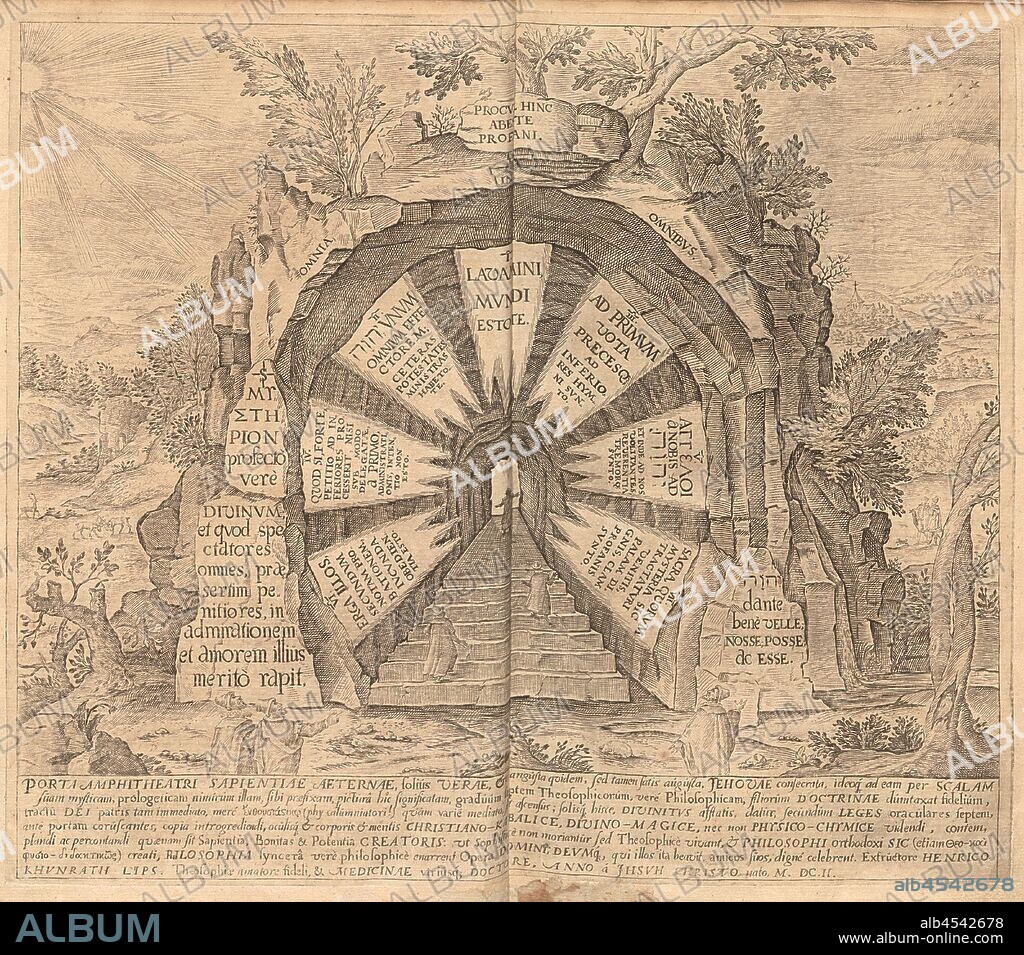 gateway Amphitheater, Illustration of the panel 'Porta Amphitheatri' from Heinrich Khunrath's 'Amphitheatrum sapientiae aeternae' from the 17th century, Taf. 9, p. 28, 1609, Heinrich Khunrath: Amphitheatrum sapientiae aeternae, solius verae, christiano-kabalisticum, divino-magicum, nec non physico-chymicum, tertriunum, catholicon.