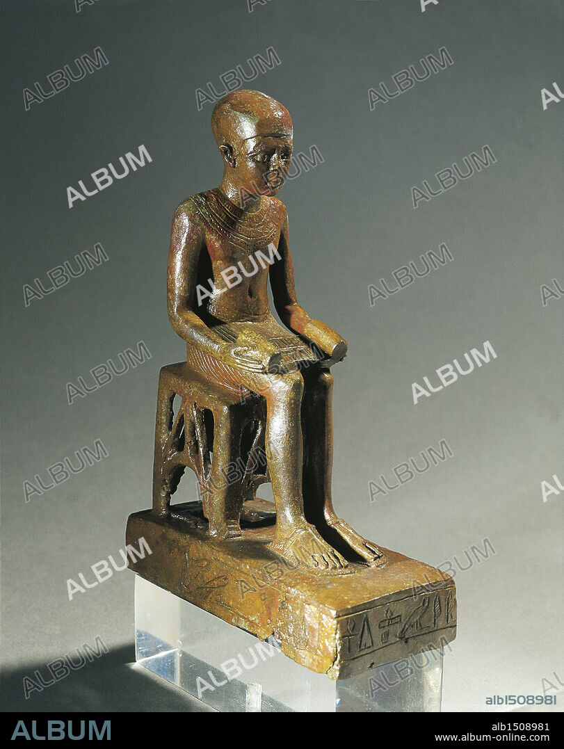 Egyptian civilization, Late Period. Statue of Imhotep, architect who designed the Step Pyramid at Saqqara and author of earliest medical treatises, considered the son of the god Ptah and worshiped as the god of medicine.