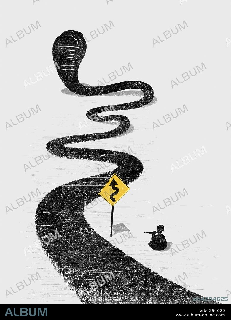 Snake charmer charming winding snake road with hazard sign.