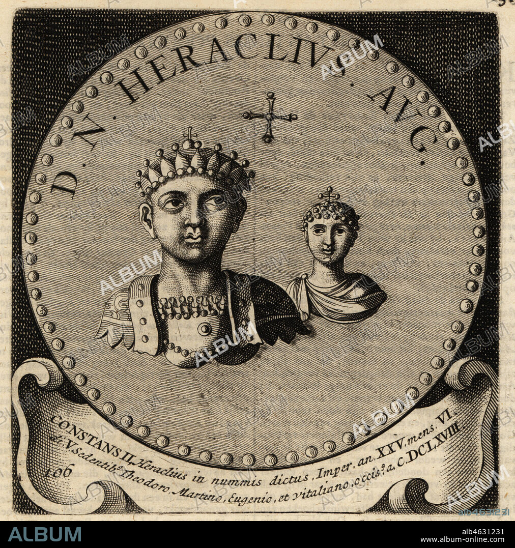 Byzantine Emperor Constans II, 630-668, and wife Fausta. Heraclius Constantinus Augustus or Flavius Constantinus Augustus; Constantine the Bearded, Eastern Roman Emperor. Copperplate engraving from Abraham Bogaerts De Roomsche Monarchy, The Roman Monarchy, Francois Salma, Utrecht, 1697.