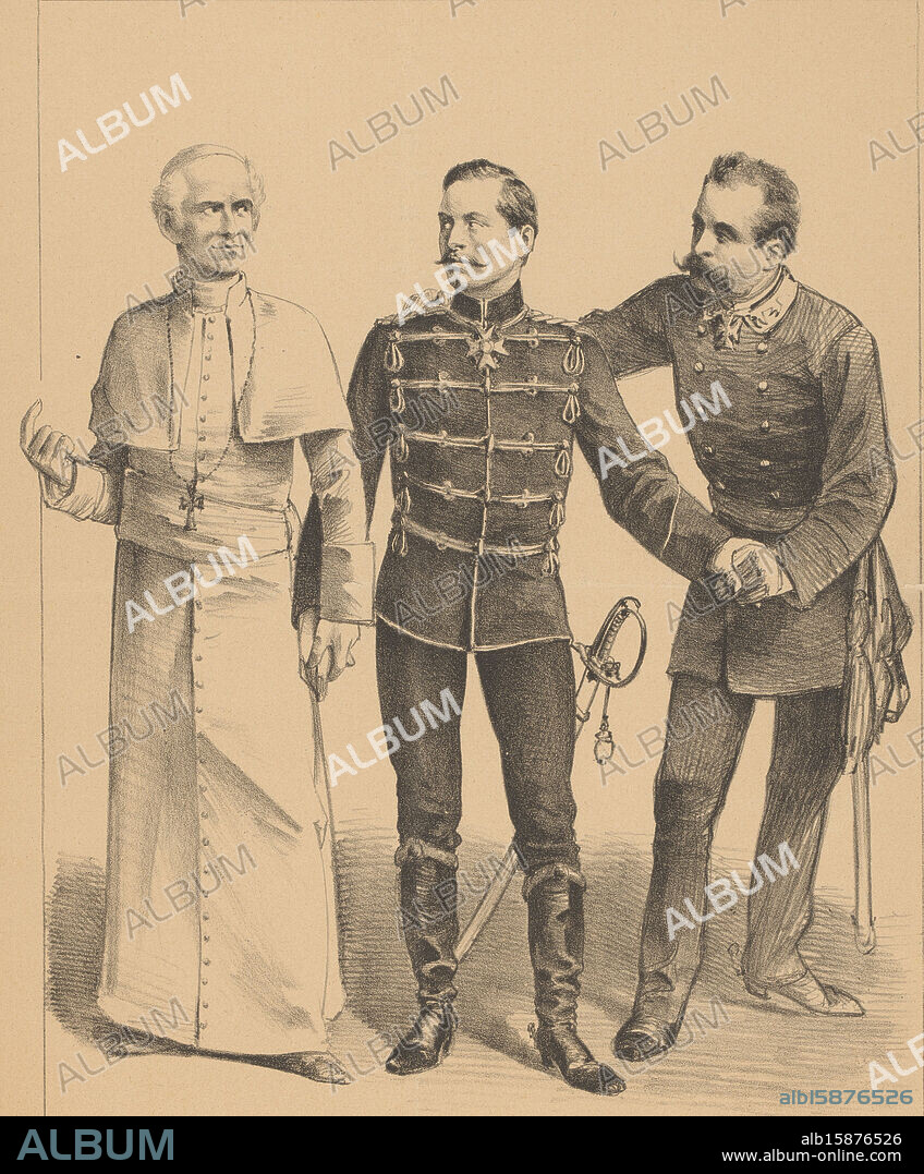 Emperor Wilhelm II with the Pope, 1888, Emperor Wilhelm in Rome (title on object), Cartoon on the visit of Emperor Wilhelm II to Pope Leo XIII in Rome, 1888. The emperor standing between the Pope and another monarch., print maker: Johan Braakensiek, printer: Harms & Co. Ellerman, print maker: Netherlands, printer: Amsterdam, 14-Oct-1888, paper, height 440 mm × width 297 mm, print.