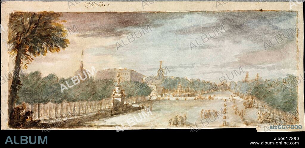 ANTONIO GONZALEZ VELAZQUEZ (1723-1793). EL PASEO DEL PRADO Y EL PASEO DE RECOLETOS DESDE LA FUENTE DE LAS CUATRO ESTACIONES - 1790 - DIBUJO SOBRE PAPEL VERJURADO.