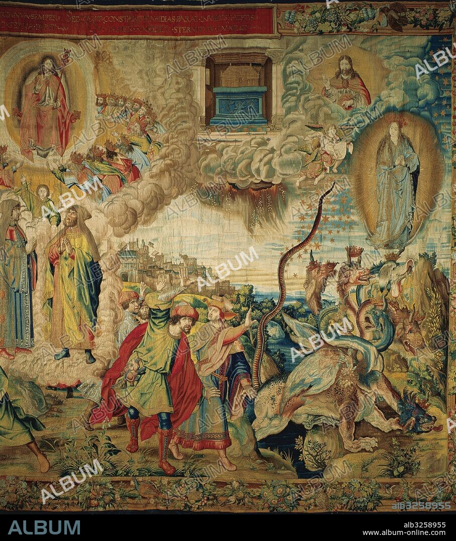 ARTE RENACIMIENTO. ESPAÑA. "EL APOCALIPSIS DE SAN JUAN". Serie que consta de ocho tapices de grandes dimensiones. La Serie fue adquirida para Felipe II en Bruselas, y traída a España por el tapicero Guillermo Pannemaker en el 1561. CUARTO TAPIZ: "LOS DOS PROFETAS. LA IGLESIA O MUJER VESTIDA DE SOL". (Detalle), en el lateral derecho se ve el ARCA DE LA ALIZANZA, SAN JUAN EVANGELISTA Y DIOS PADRE. Se tejió en el estudio de Willem Pannemaker, con tejido de seda, lana, hilos de oro y plata. Los Cartones los dibujó Bernaert Van Orley (1488-1541), pintor belga nacido en Bruselas. Palacio Real. Madrid. España. PATRIMONIO NACIONAL.