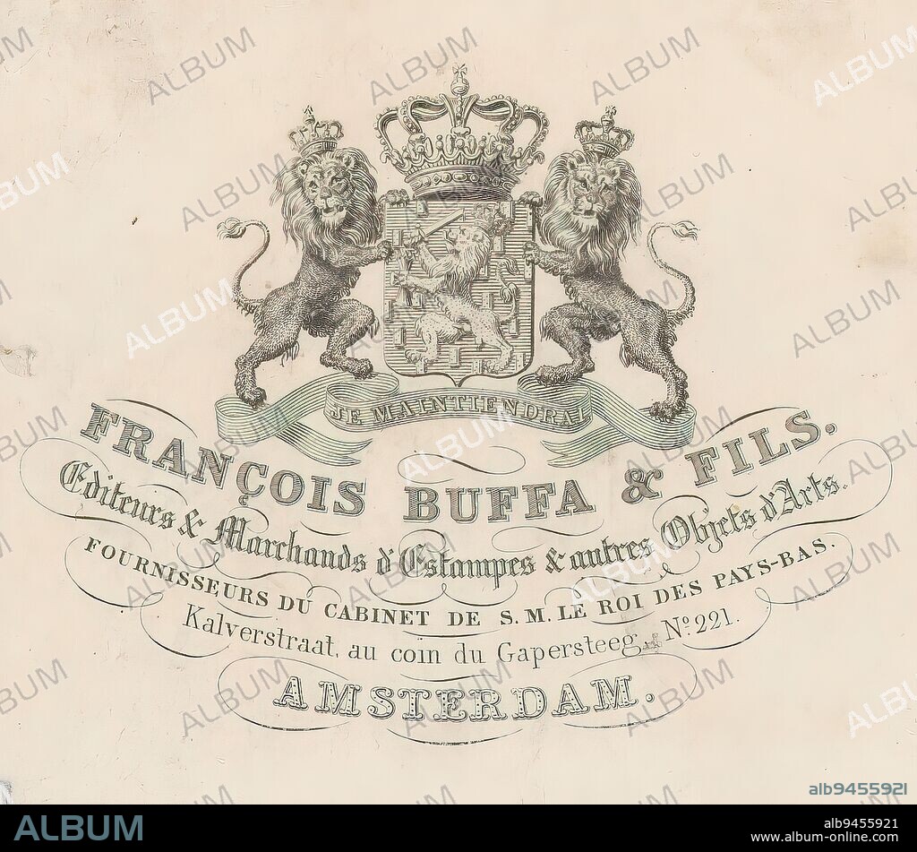 Business card of Frans Buffa and sons, Coat of arms of the Netherlands with motto: Je Maintiendrai; name and address of the firm of Frans Buffa and sons, purveyor to the court., print maker: Henricus Wilhelmus Couwenberg, Amsterdam, 1830 - 1854, paper, etching, height 88 mm × width 104 mm.
