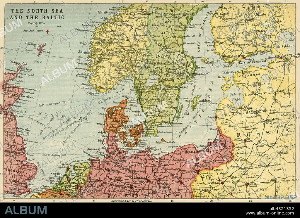 JOHN BARTHOLOMEW & SON. Map of the North Sea and the Baltic, c1914, (c1920). Northern Europe at the start of the First World War, including parts of Norway, Sweden, Finland, Russia, Germany, Denmark, Great Britain and Holland. From "The Great World War - A History" Volume II, edited by Frank A Mumby. [The Gresham Publishing Company Ltd, London, c1920].
