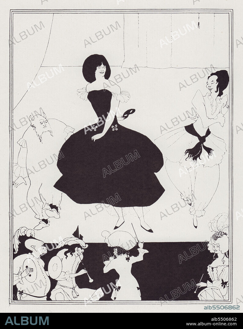 AUBREY BEARDSLEY. Comedy-Ballet of Marionettes, III, 1894. Figures on stage, with cymbals player, piper, conductor and drummer in the orchestra pit. 'From The Yellow Book, Vol. I. The central female figure was cut out and renamed The Black Domino, and was in the collection of the late Judge Evans. It was also named Dancer with the Domino and exhibited at the International Society's Exhibition of Fair Women, 1909'. Published in "The Best of Beardsley" edited by R. A. Walker, [The Bodley Head, London, 1948].