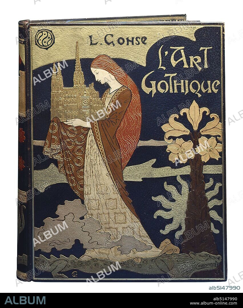 René Wiener, Eugène Grasset, L'Art Gothique by Louis Gonse, Acquired at the world exhibition in Paris 1900 by René Wiener, leather, inlaid, total (book cover): height: 40 cm; width: 32 cm, stamp: lower right R W, [diamond-shaped, golden monogram], book decoration, arts and crafts, woman, exterior of a church, plant, animal, architectural model, lily, mythical creature, monster, legendary figures, art nouveau, From the versatile Eugène Grasset comes the design drawing for this unique book cover. Grasset was Swiss, was later naturalized in France and taught in Paris for many years. He is one of the most important French Art Nouveau artists, active in almost all areas of applied art. René Wiener continued to run his family's bookstore in Nancy, France, and earned himself a great reputation as a bookbinder. His realization of Grasset's design with colorful Maroquin leather inlays created one of the outstanding book bindings of the École de Nancy.