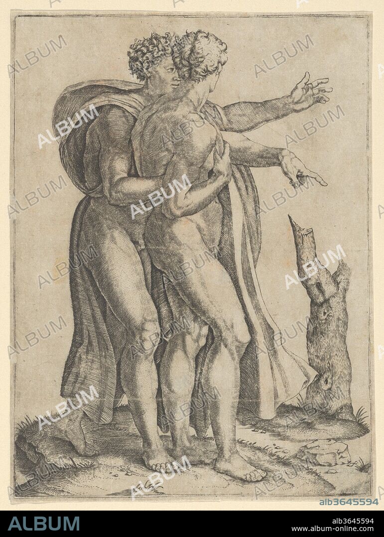 Two naked men, the sons of Noah, standing in profile facing right, both pointing. Artist: Attributed to Marcantonio Raimondi (Italian, Argini (?) ca. 1480-before 1534 Bologna (?)); After (?) Michelangelo Buonarroti (Italian, Caprese 1475-1564 Rome). Dimensions: Plate: 6 7/16 × 4 13/16 in. (16.3 × 12.2 cm)
Sheet: 6 1/2 × 4 7/8 in. (16.5 × 12.4 cm). Date: ca. 1500-1534.
Delaborde believes this was engraved after Michelangelo's fresco 'l'Ivresse de Noé', from the volts of the Sistine chapel in the Vatican. The two men in the fresco are the sons of Noah. In Michelangelo's fresco, the two men are portrayed in front of a cabane whereas in the print the background is left blank. The engraver added a tree trunk on the right.