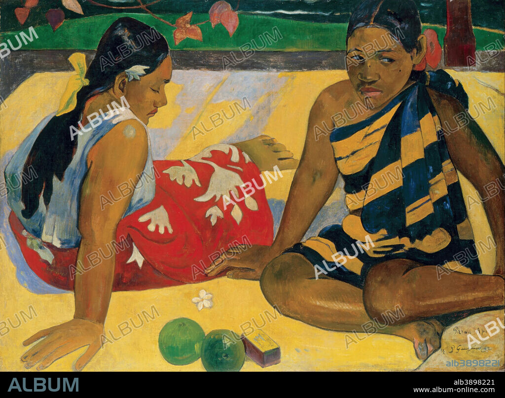 PAUL GAUGUIN. Parau Api. What News. Date/Period: 1892. Painting. Oil on canvas. Height: 670 mm (26.37 in); Width: 920 mm (36.22 in).
