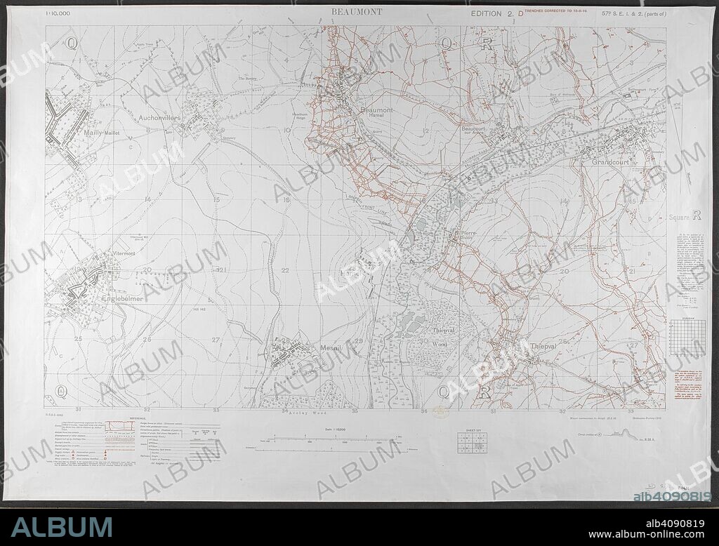 First world war trench map of Beaumont area, 1916. Scale 1; 10,000. (Trench map). Ordnance survey, 1916. Source: Maps.C.14.h-k, edition 20.