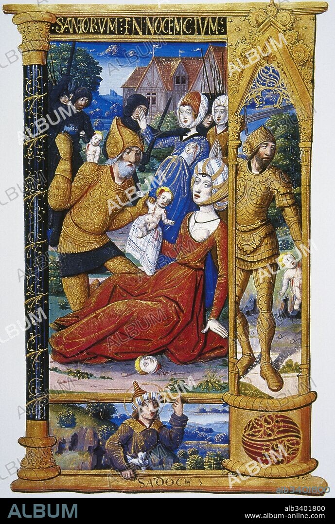 Libro de hora (horarium), siglo XV. Manuscrito iluminado medieval de devoción cristiana. Miniatura: "El rey de Judea, Herodes el Grande ordena matar a todos los niños menores de dos años en Belén y en todo su territorio". Episodio del Nuevo Testamento, Matanza de los Inocentes. Museo Condé. Castillo de Chantilly. Francia.