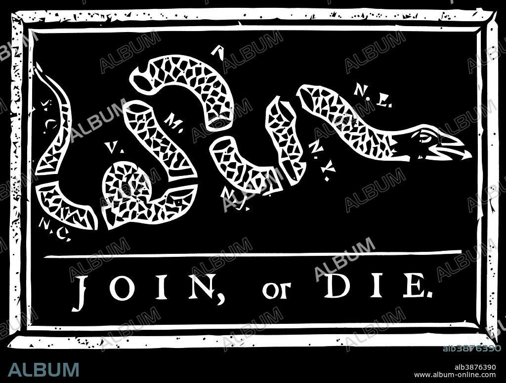 The Join or Die print was a political cartoon created by Benjamin Franklin. The snake shown is separated into segments, just as the original colonies were split. The cartoon was used to unite the colonies to fight against the British.