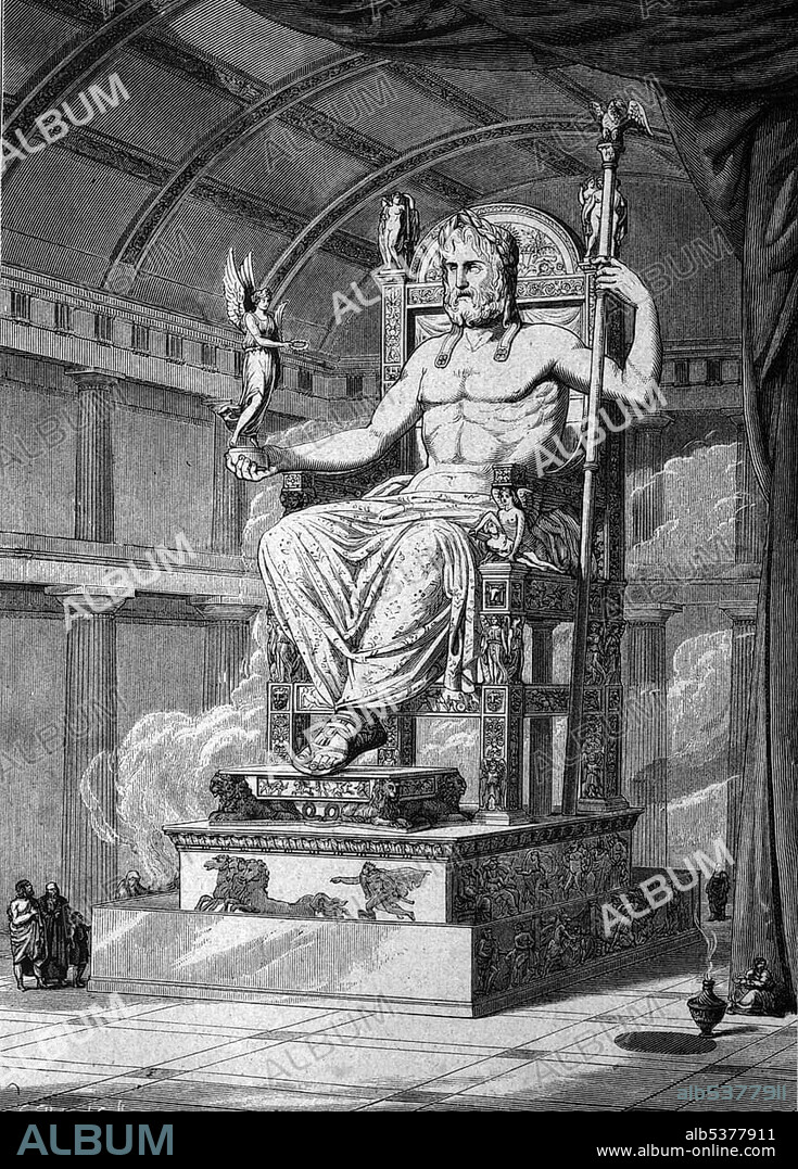 The Statue of Olympian Zeus by Phidias zu Olympia, 456 B.C., one of the seven wonders of the ancient world, historical illustration, circa 1886.