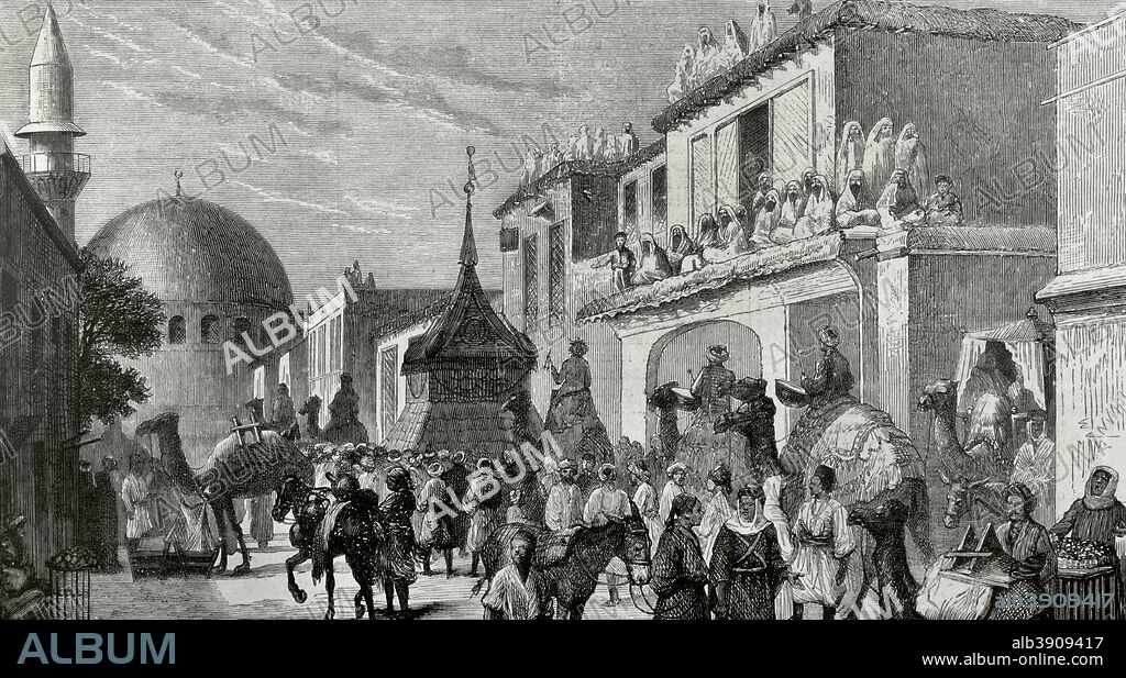 Islam. Festividades Mahometanas. Damasco. Procesión del Mahwal con el santo tapiz, en marcha para La Meca. Grabado. La Ilustración Española y Americana, 30 de mayo de 1876. Biblioteca Histórico Militar de Barcelona. Cataluña, España.