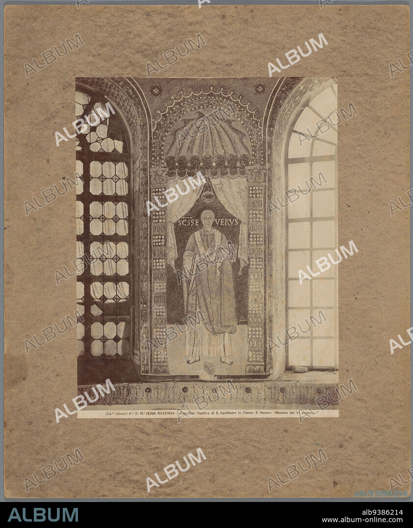 Mosaic in the Basilica of Sant'Apollinare in Classe at Ravenna, depicting Saint Severus, RAVENNA - Emilia. Basilica di S. Apollinare in Classe. S. Severo. (title on object), Alinari (mentioned on object), Basiliek van Sant'Apollinare in Classe, c. 1875 - c. 1900, cardboard, albumen print, height 257 mm × width 195 mm.