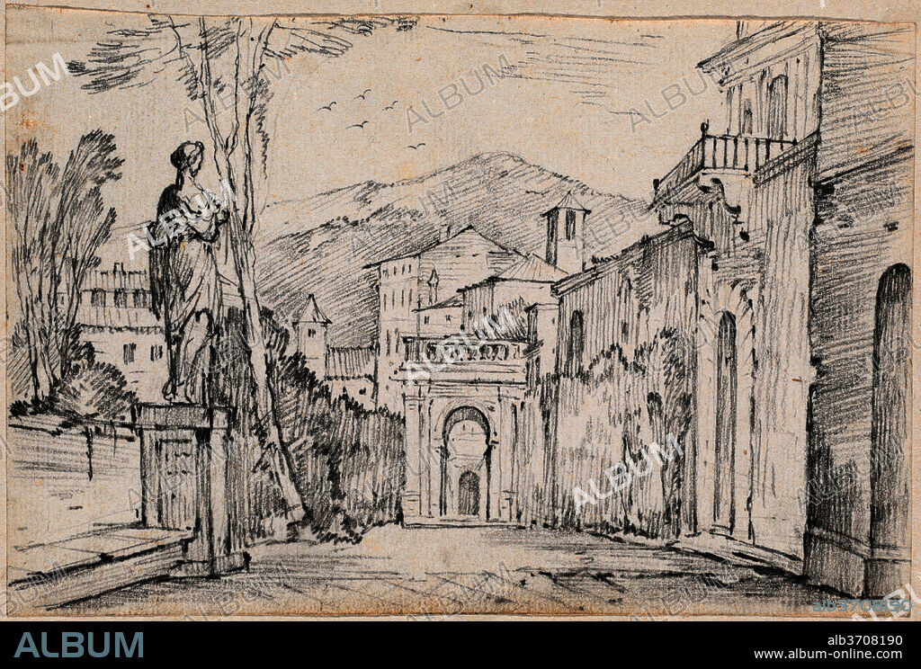 JOSEPH-MARIE VIEN. A Roman Street with Monte Cavo in the Distance. Dated: 1744/1750. Dimensions: sheet: 12.1 x 18 cm (4 3/4 x 7 1/16 in.)  page size: 42.5 x 27.7 cm (16 3/4 x 10 7/8 in.). Medium: graphite on laid paper.
