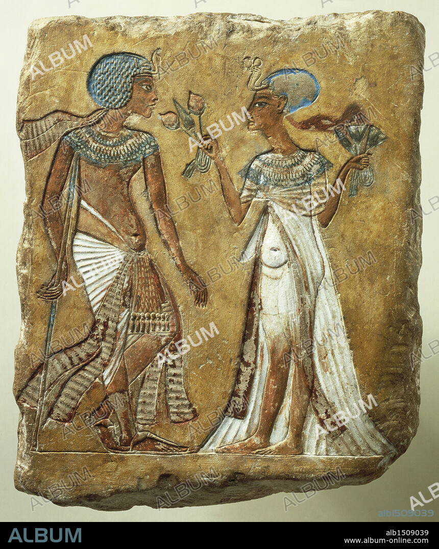 Egyptian civilization, Dynasty XVIII, 14th century b.C. Memphis Stele. Pharaoh Smenkhkare, Akhenaten's co-regent and Queen Meritaton.