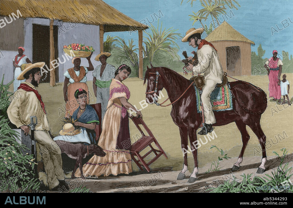 Isla de Cuba. Familia de guajiros (campesinos cubanos) a la puerta de un potrero. Grabado, copia de un cuadro de Landaluce. Coloreado. La Ilustración Española y Americana, 15 de agosto de 1881.
