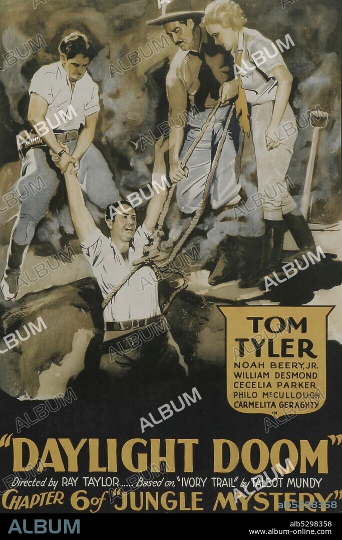 Three people rescue a man by pulling him out of a pit.  Jungle Mystery is a 1932 American Pre-Code Universal 12-chapter movie serial directed by Ray Taylor. Set in Zanzibar, it depicts the search by various parties for a missing man named Jack Morgan (Onslow Stevens), as well as a legendary cache of ivory. The jungle mystery involves a creature (half man, half ape) named Zungu (played by Sam Baker). Tom Tyler played the hero, Kirk Mongomery, and Cecilia Parker played the heroine, Barbara Morgan, searching for her missing brother. .