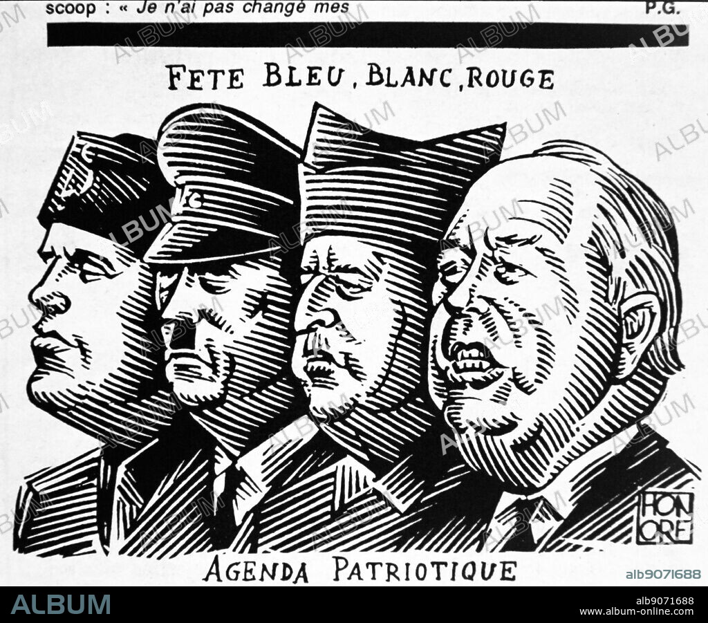 Cartoon depicting the French National Front leader, Jean Marie la Pen, alongside Franco, Hitler and Mussolini, Published 1991 in the French; Magazine 'La Grosse Bertha' a weekly satirical magazine.