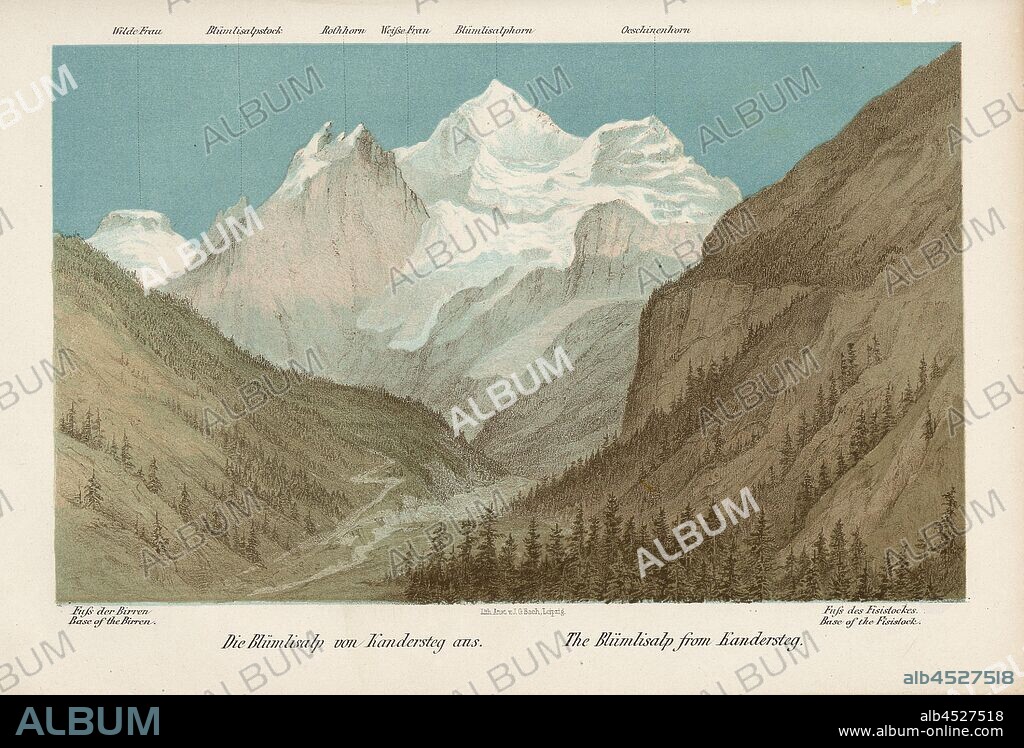 The Blüemlisalp from Kandersteg, The Blümlisalp from Kandersteg, lithograph, to p. 66, Bach, J. G. (lith.), 1863, Abraham Roth, Edmund von Fellenberg: Doldenhorn und Weisse Frau. Zum ersten Mal erstiegen und geschildert von Abraham Roth und Edmund von Fellenberg. Coblenz: Baedeker, 1863.