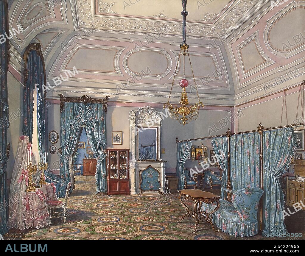 EDWARD HAU. 'Interiors of the Winter Palace. The Fifth Reserved Apartment. The Bedroom of Grand Princess Maria Alexandrovna'. Russia, 1873. Dimensions: 30,5x38,5 cm.