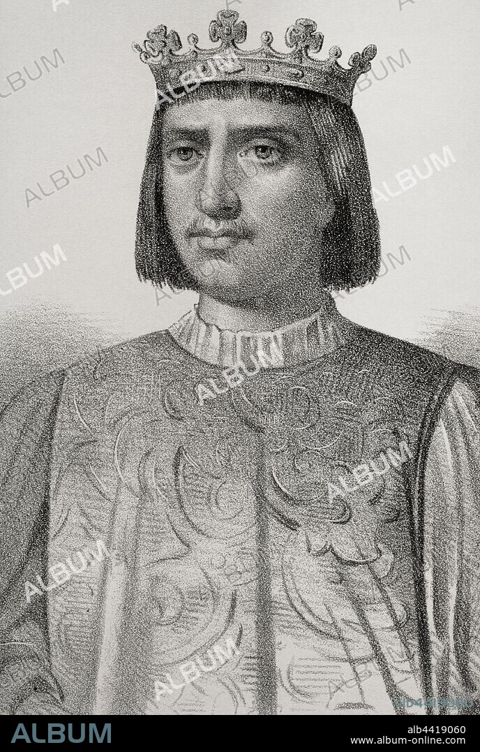 Enrique IV de Castilla (1425-1474). Rey de Castilla (1454-1474). Perteneciente a la Casa de Trastámara. Dibujo por Llanta. Litografía. Detalle. Crónica General de España, Historia Ilustrada y Descriptiva de sus Provincias. Galicia,1866. Biblioteca Histórico Militar de Barcelona, Cataluña, España.