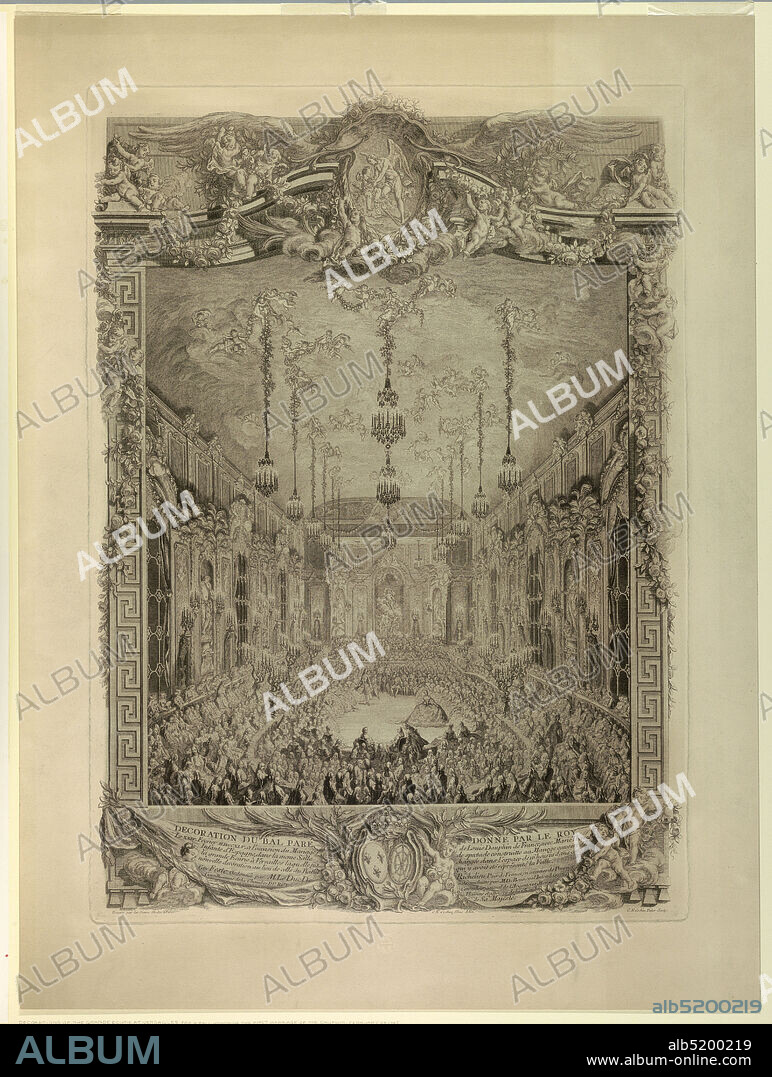 Decoration du Bal Paré Donne Par Le Roy, Charles-Nicolas Cochin the elder, French, 1688 - 1754, Charles-Nicolas Cochin the younger, 1715 - 1790, Etching on paper, Decorations of the Grand Ecurie at Versailles for a ball honoring the first marriage of the Dauphin, February 24, 1745. The chamber, filled with people, is seen from the end. Below, a ten line explanatory inscription and designer's and engravers names; also indication that the decorators for the occasion were Slotz at Perot., France, 1746, Print, Print.