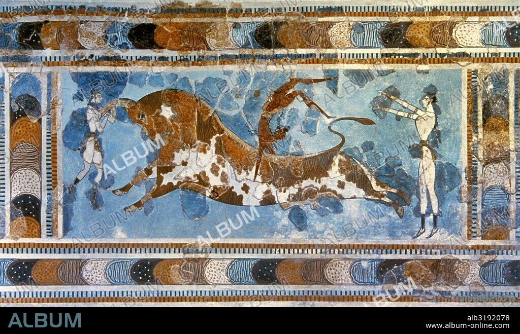 Minoan period. Knossos Palace. Bronze Age. Bull-leaping Fresco, ca. 1400 BC. It depicts a young man performing what seems to be a handspring or flip over a charging bull. Bull Leaping was a local sport, during which the athlete had to execute jumps over and on the bull. It was a ritual dedicated to Apollo. Period MM IIIB. Archaeological Museum of Heraklion. Crete, Greece.