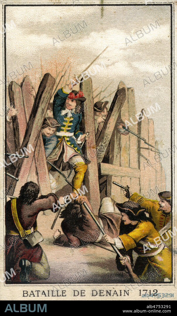 Bataille de Denain, remportee le 24 juillet 1712 sur l'Autriche (Guerre de Sucession d'Espagne). Assaut mene par VILLARS (1653-1734) Chromo publicitaire vers 1890. Illustration anonyme. Credit : Collection KHARBINE-TAPABOR.