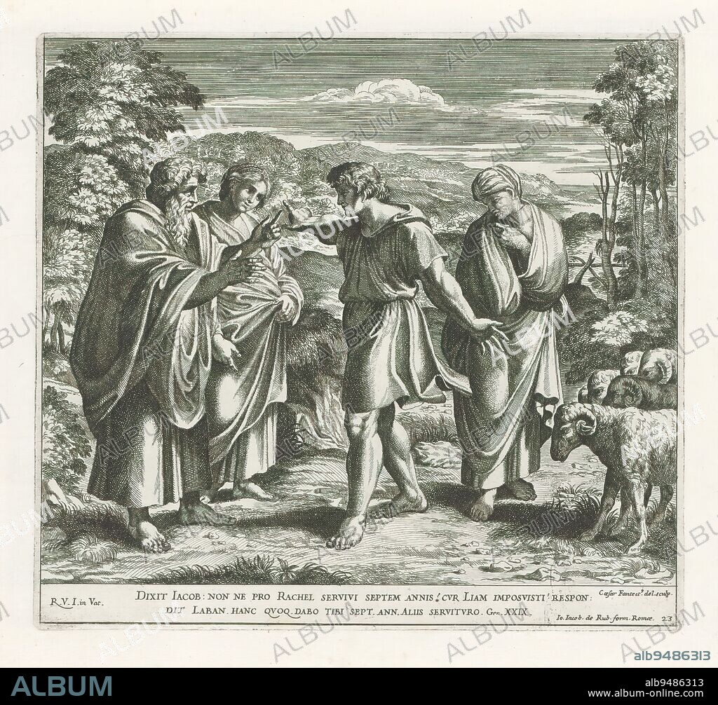 Jacob complains to Laban, Raphael Bible (series title), Paintings in Raphael's Loggia (series title), Imagines Veteris ac Novi Testamenti (series title), Jacob stands before Laban and, in the presence of Lea and Rachel, complains about Laban's ruse. Laban tricked Jacob into marrying Lea instead of Rachel. Bible verse below the illustration. Print is part of an album., print maker: Cesare Fantetti, (mentioned on object), after drawing by: Cesare Fantetti, (mentioned on object), after painting by: Rafaël, (mentioned on object), print maker: Italy, after drawing by: Italy, after painting by: Vaticaanstad, publisher: Rome, Vaticaanstad, 1675, paper, etching, height 236 mm × width 307 mm.