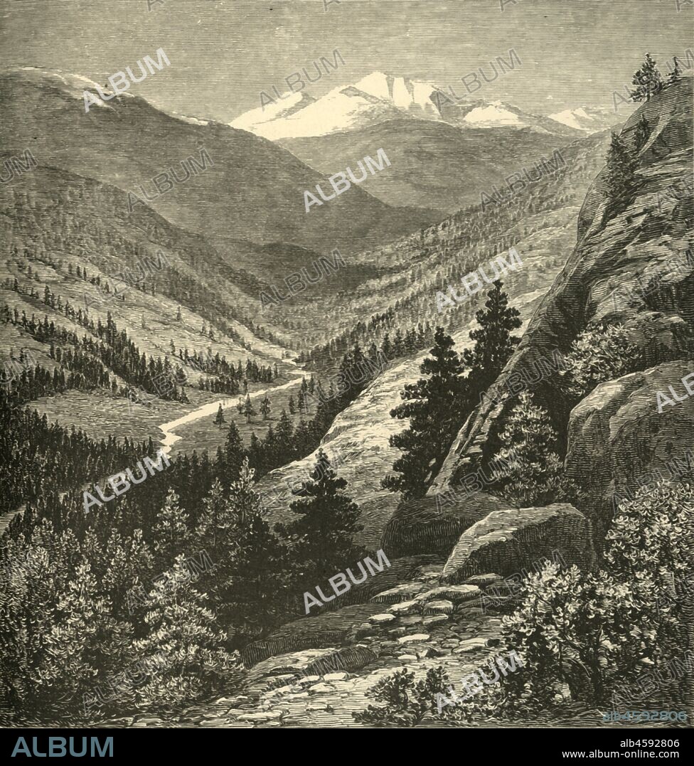 THOMAS MORAN. 'Gray's Peak', 1874. View of Grays Peak, the tenth-highest summit of the Rocky Mountains, Colorado, USA. 'Foremost in the view are the twin peaks, Gray's and Torrey's; but, in a vast area that seems limitless, there are successive rows of pinnacles, some of them entirely wrapped in everlasting snow, others patched with it, some abrupt and pointed, others reaching their climax by soft curves and gradations that are almost imperceptible. We are on the crest of a continent...There is a sort of enclosure some feet beneath the very summit of Gray's Peak...a valley surrounded by walls of snow, dotted by occasional bowlders, and sparsely covered with dwarfed vegetation. Here we encamp and light our fires, and smoke our pipes, while our minds are in a trance over the superb reach before us'. From "Picturesque America; or, The Land We Live In, A Delineation by Pen and Pencil of the Mountains, Rivers, Lakes...with Illustrations on Steel and Wood by Eminent American Artists" Vol. II, edited by William Cullen Bryant. [D. Appleton and Company, New York, 1874].