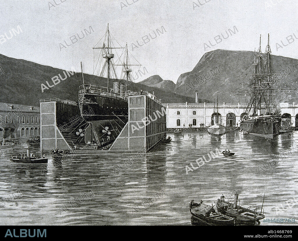 CARTAGENA. ARSENAL. El "Acorazado Vizcaya" en el DIQUE FLOTANTE. Ilustración Española y Americana. 1896.